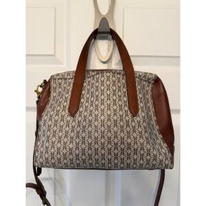 Fossil Satchel Handbag Brown Leather Signature Print Top Handle Crossbody Bag